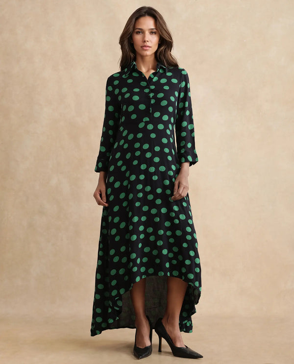 Rareism Women's Winslet Black Rayon Fabric Drop Collar Button Closure Cuffed Sleeve Polka Flared Maxi Dress