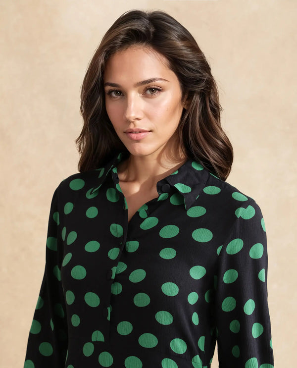 Rareism Women's Winslet Black Rayon Fabric Drop Collar Button Closure Cuffed Sleeve Polka Flared Maxi Dress