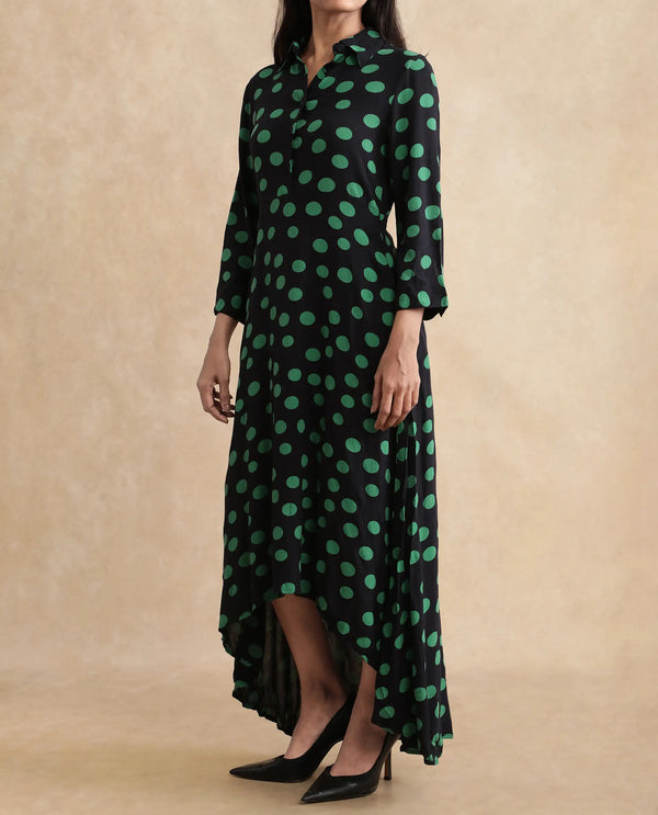 Rareism Women's Winslet Black Rayon Fabric Drop Collar Button Closure Cuffed Sleeve Polka Flared Maxi Dress