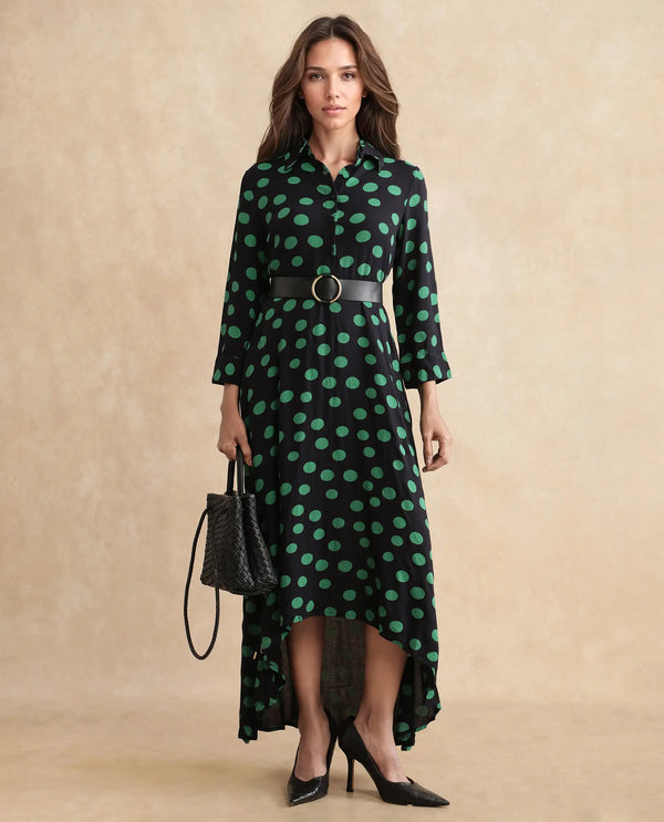 Rareism Women's Winslet Black Rayon Fabric Drop Collar Button Closure Cuffed Sleeve Polka Flared Maxi Dress