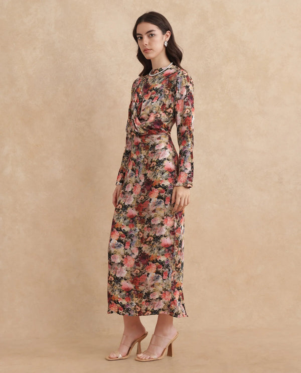 Rareism Women Winza Dark Red Viscose Fabric Full Sleeve Cowl Neck Zipper Closure Straight Fit Midi Floral Print Dress