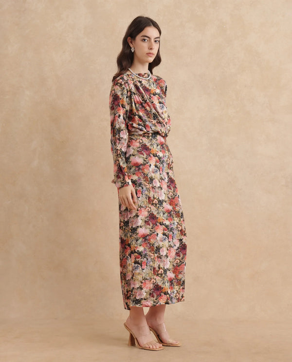 Rareism Women Winza Dark Red Viscose Fabric Full Sleeve Cowl Neck Zipper Closure Straight Fit Midi Floral Print Dress