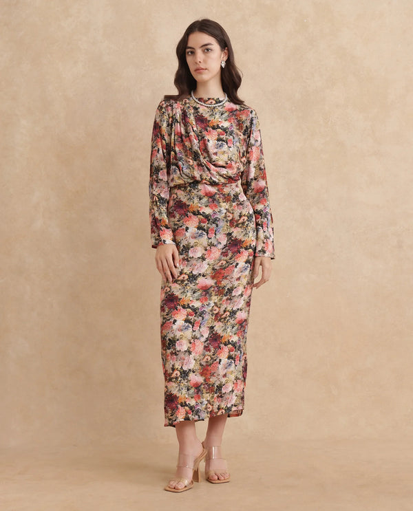 Rareism Women Winza Dark Red Viscose Fabric Full Sleeve Cowl Neck Zipper Closure Straight Fit Midi Floral Print Dress