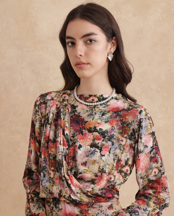 Rareism Women Winza Dark Red Viscose Fabric Full Sleeve Cowl Neck Zipper Closure Straight Fit Midi Floral Print Dress