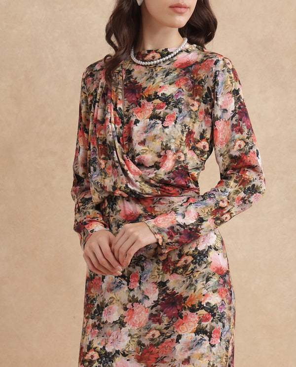 Rareism Women Winza Dark Red Viscose Fabric Full Sleeve Cowl Neck Zipper Closure Straight Fit Midi Floral Print Dress
