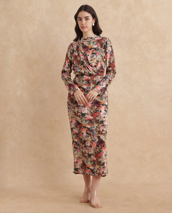 Rareism Women Winza Dark Red Viscose Fabric Full Sleeve Cowl Neck Zipper Closure Straight Fit Midi Floral Print Dress