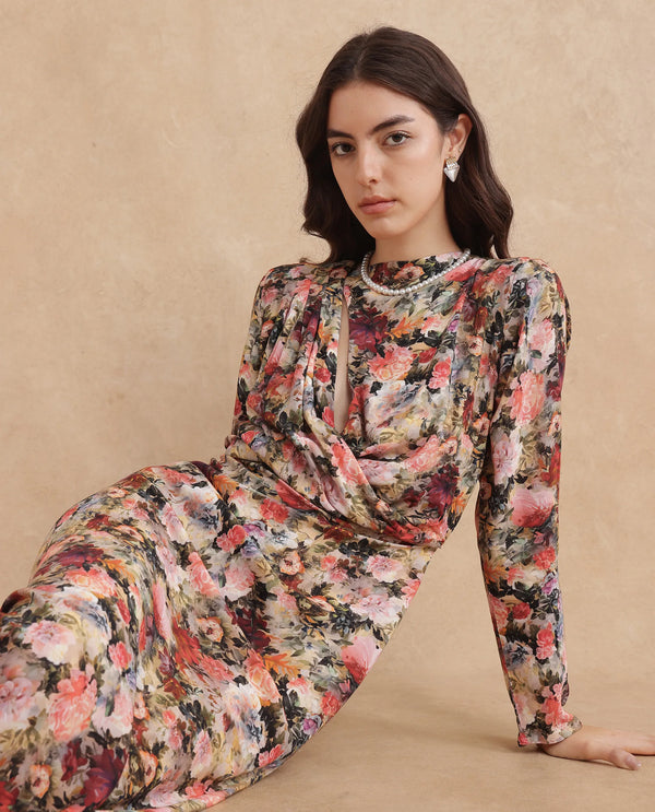 Rareism Women Winza Dark Red Viscose Fabric Full Sleeve Cowl Neck Zipper Closure Straight Fit Midi Floral Print Dress