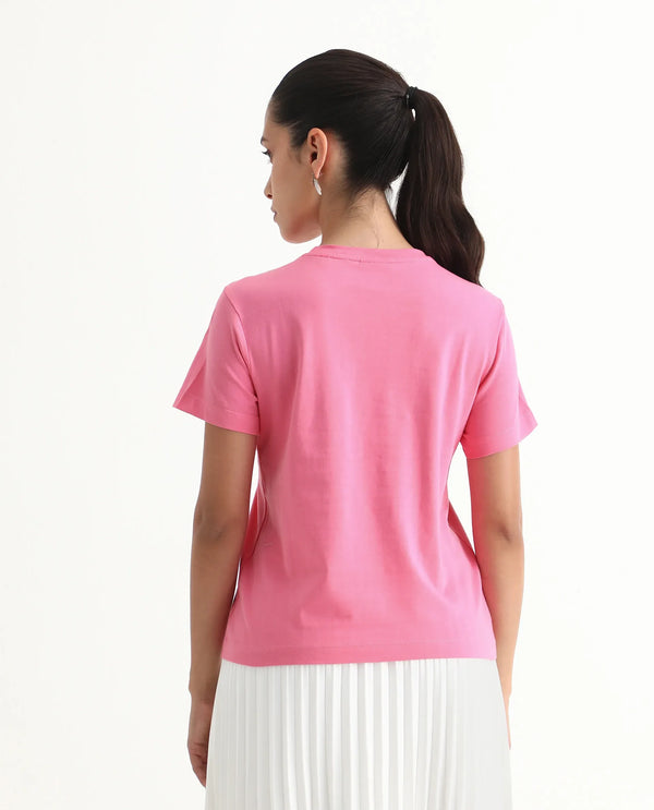 Rareism Women Wond Light Pink Cotton Blend Fabric Short Sleeve Crew Neck Regular Fit Floral Print T-Shirt