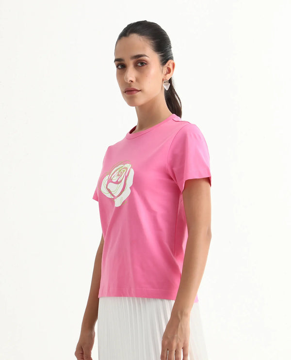 Rareism Women Wond Light Pink Cotton Blend Fabric Short Sleeve Crew Neck Regular Fit Floral Print T-Shirt