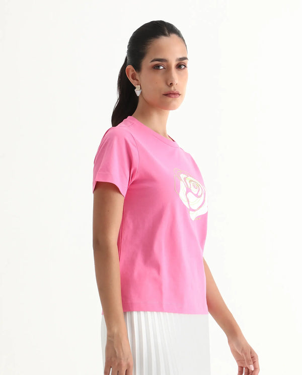 Rareism Women Wond Light Pink Cotton Blend Fabric Short Sleeve Crew Neck Regular Fit Floral Print T-Shirt