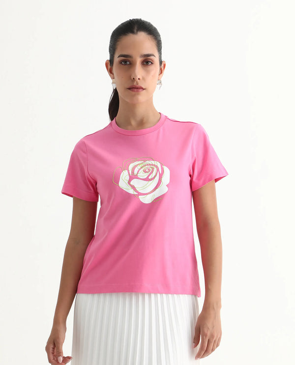 Rareism Women Wond Light Pink Cotton Blend Fabric Short Sleeve Crew Neck Regular Fit Floral Print T-Shirt