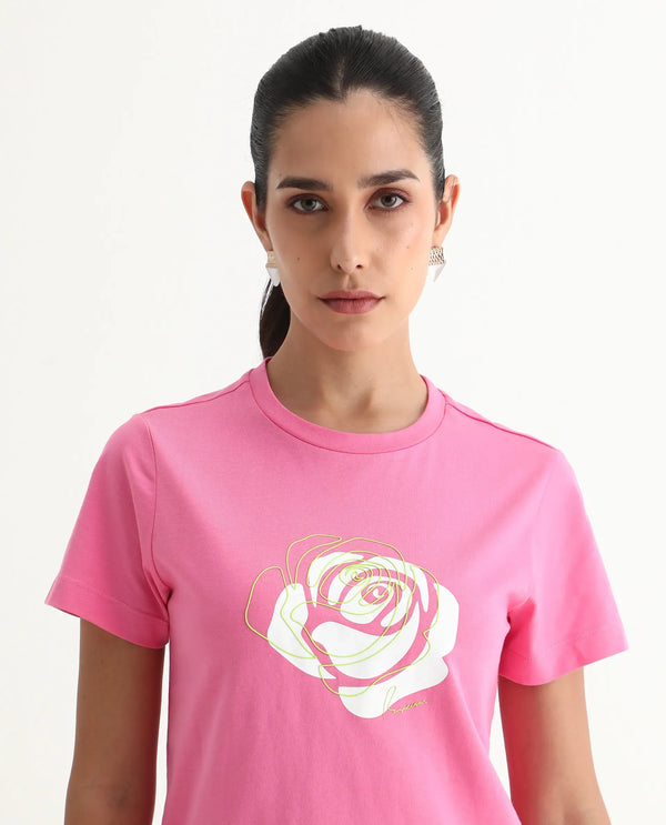 Rareism Women Wond Light Pink Cotton Blend Fabric Short Sleeve Crew Neck Regular Fit Floral Print T-Shirt