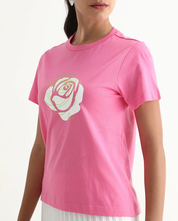 Rareism Women Wond Light Pink Cotton Blend Fabric Short Sleeve Crew Neck Regular Fit Floral Print T-Shirt