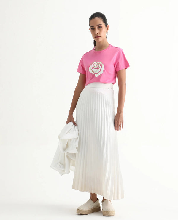 Rareism Women Wond Light Pink Cotton Blend Fabric Short Sleeve Crew Neck Regular Fit Floral Print T-Shirt
