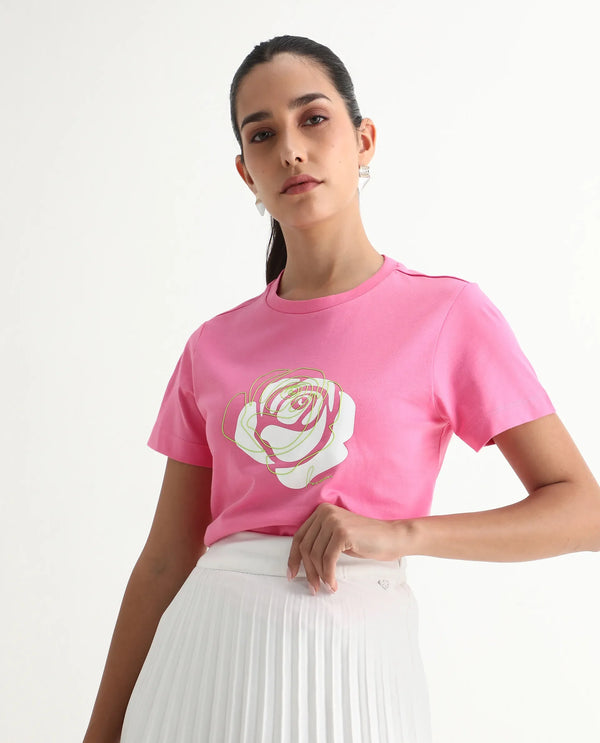 Rareism Women Wond Light Pink Cotton Blend Fabric Short Sleeve Crew Neck Regular Fit Floral Print T-Shirt