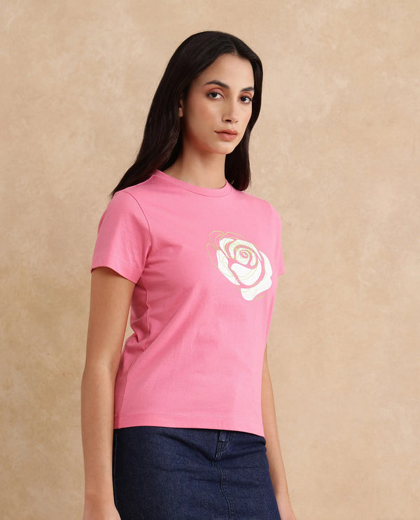 Rareism Women Wond Light Pink Cotton Blend Fabric Short Sleeve Crew Neck Regular Fit Floral Print T-Shirt
