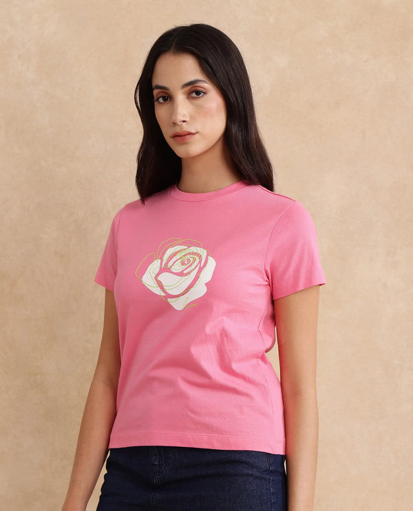 Rareism Women Wond Light Pink Cotton Blend Fabric Short Sleeve Crew Neck Regular Fit Floral Print T-Shirt