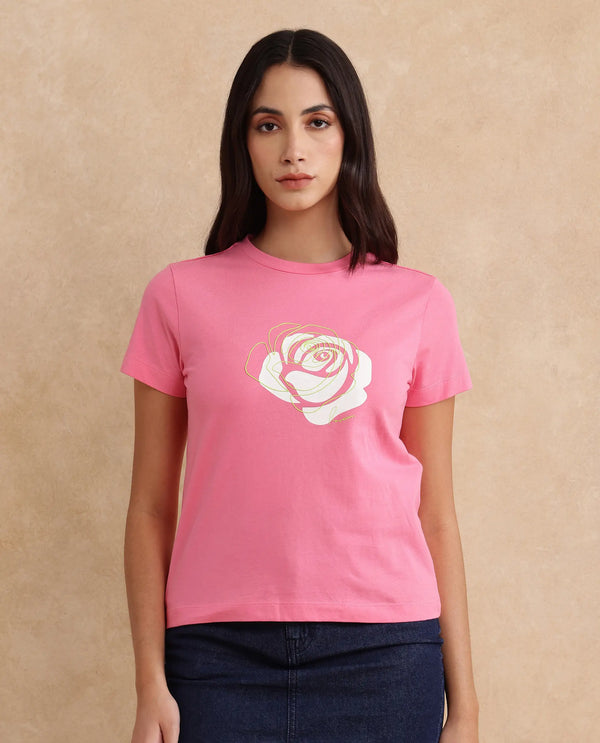 Rareism Women Wond Light Pink Cotton Blend Fabric Short Sleeve Crew Neck Regular Fit Floral Print T-Shirt