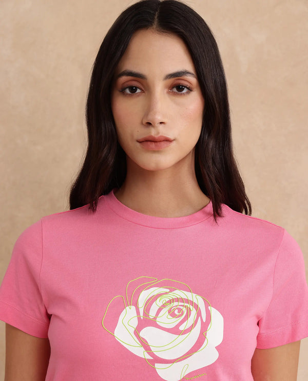 Rareism Women Wond Light Pink Cotton Blend Fabric Short Sleeve Crew Neck Regular Fit Floral Print T-Shirt