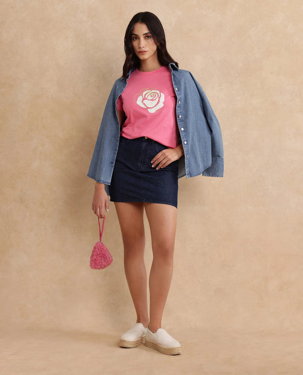 Rareism Women Wond Light Pink Cotton Blend Fabric Short Sleeve Crew Neck Regular Fit Floral Print T-Shirt