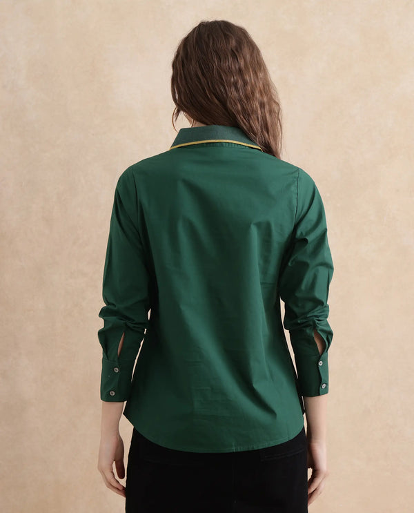 Rareism Women Wonton Dark Green Cotton Fabric Cuffed Sleeve Ribbed Collar Button Closure Plain Top