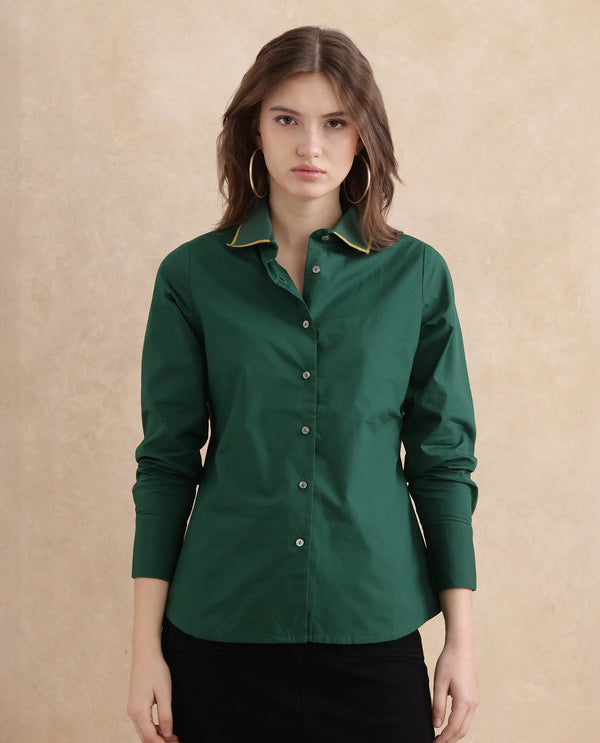 Rareism Women Wonton Dark Green Cotton Fabric Cuffed Sleeve Ribbed Collar Button Closure Plain Top
