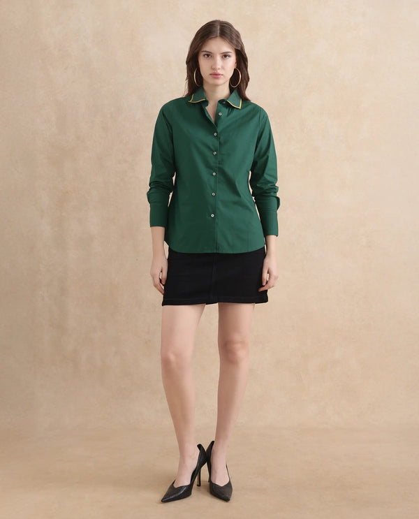 Rareism Women Wonton Dark Green Cotton Fabric Cuffed Sleeve Ribbed Collar Button Closure Plain Top
