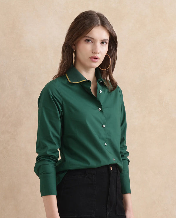 Rareism Women Wonton Dark Green Cotton Fabric Cuffed Sleeve Ribbed Collar Button Closure Plain Top