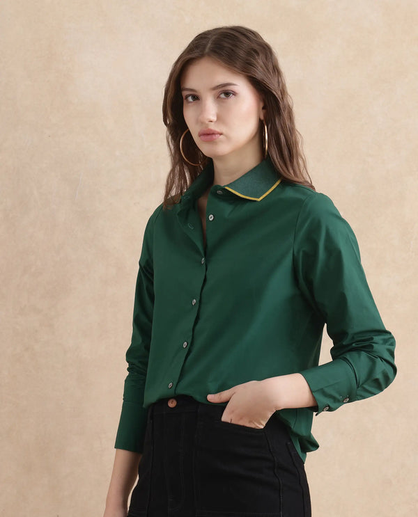 Rareism Women Wonton Dark Green Cotton Fabric Cuffed Sleeve Ribbed Collar Button Closure Plain Top