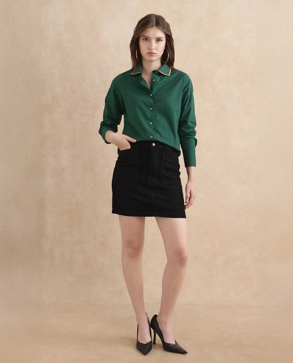 Rareism Women Wonton Dark Green Cotton Fabric Cuffed Sleeve Ribbed Collar Button Closure Plain Top