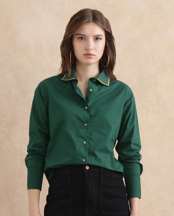 Rareism Women Wonton Dark Green Cotton Fabric Cuffed Sleeve Ribbed Collar Button Closure Plain Top