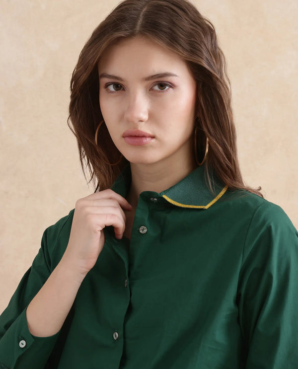 Rareism Women Wonton Dark Green Cotton Fabric Cuffed Sleeve Ribbed Collar Button Closure Plain Top