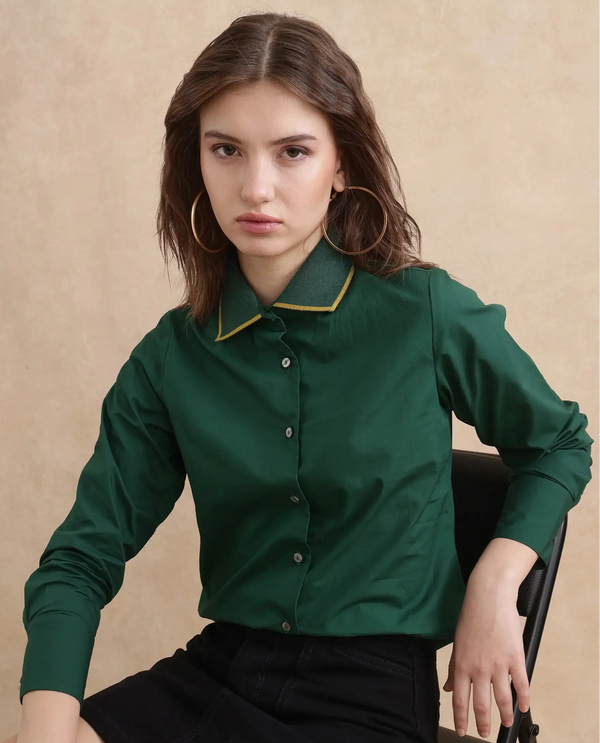 Rareism Women Wonton Dark Green Cotton Fabric Cuffed Sleeve Ribbed Collar Button Closure Plain Top