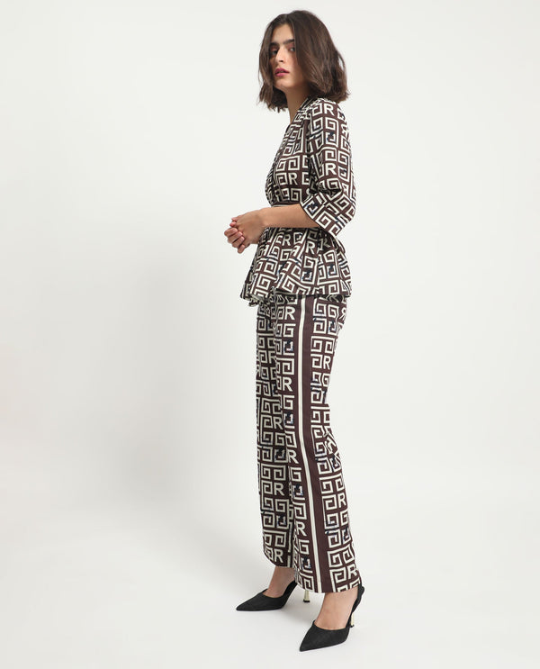 Rareism Women Wood Brown Polyester Fabric Drawstring Closure Regular Fit Geometric Print Ankle Length Trousers