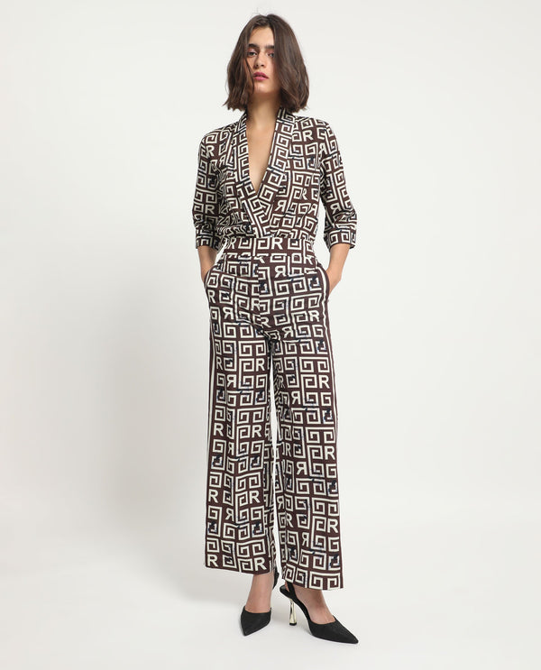 Rareism Women Wood Brown Polyester Fabric Drawstring Closure Regular Fit Geometric Print Ankle Length Trousers