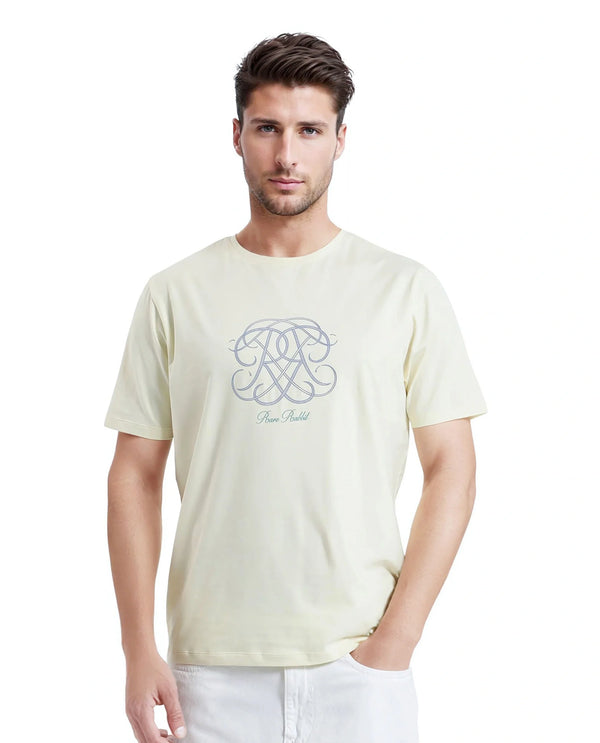 Rare Rabbit Men Wrax Pastel Yellow Cotton Blend Fabric Short Sleeve Crew Neck Regular Fit Grophic Print T-Shirt
