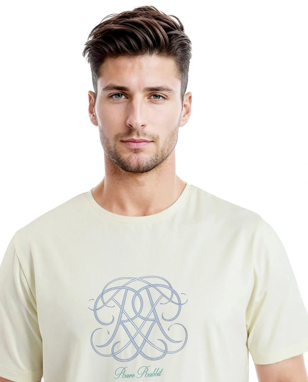 Rare Rabbit Men Wrax Pastel Yellow Cotton Blend Fabric Short Sleeve Crew Neck Regular Fit Grophic Print T-Shirt