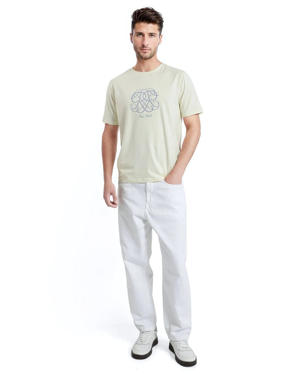 Rare Rabbit Men Wrax Pastel Yellow Cotton Blend Fabric Short Sleeve Crew Neck Regular Fit Grophic Print T-Shirt