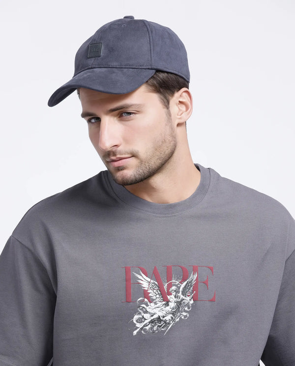 Rare Rabbit Men Xab Dark Grey Cotton Fabric Short Sleeve Crew Neck Oversized Fit Graphic Print T-Shirt