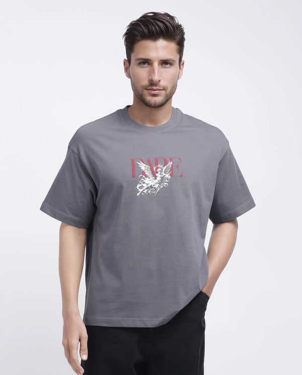 Rare Rabbit Men Xab Dark Grey Cotton Fabric Short Sleeve Crew Neck Oversized Fit Graphic Print T-Shirt