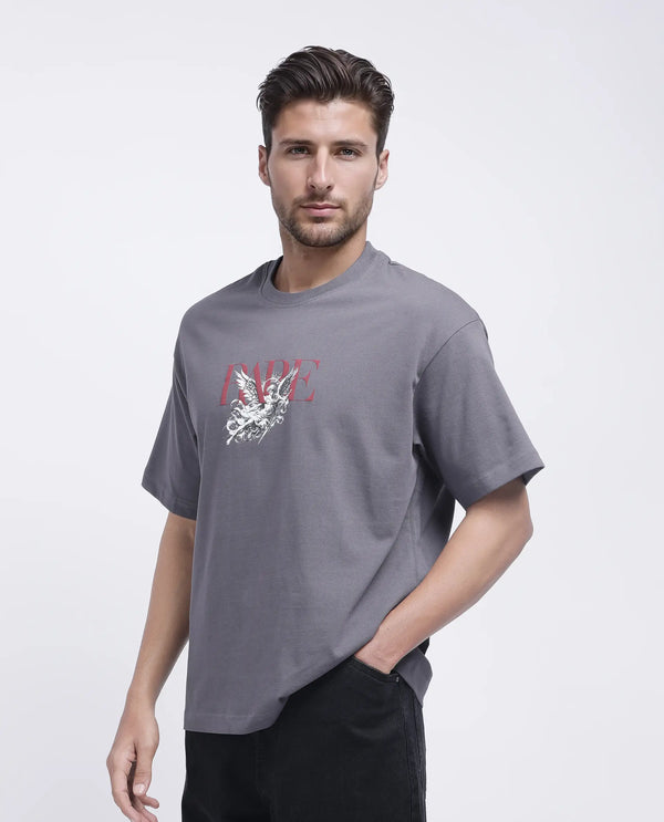 Rare Rabbit Men Xab Dark Grey Cotton Fabric Short Sleeve Crew Neck Oversized Fit Graphic Print T-Shirt