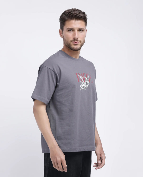 Rare Rabbit Men Xab Dark Grey Cotton Fabric Short Sleeve Crew Neck Oversized Fit Graphic Print T-Shirt