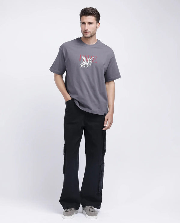 Rare Rabbit Men Xab Dark Grey Cotton Fabric Short Sleeve Crew Neck Oversized Fit Graphic Print T-Shirt