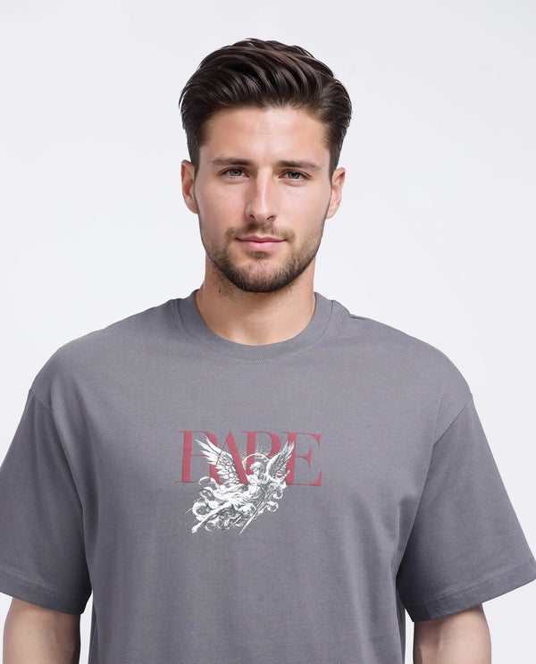 Rare Rabbit Men Xab Dark Grey Cotton Fabric Short Sleeve Crew Neck Oversized Fit Graphic Print T-Shirt