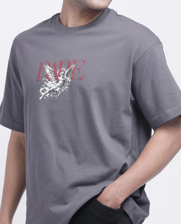 Rare Rabbit Men Xab Dark Grey Cotton Fabric Short Sleeve Crew Neck Oversized Fit Graphic Print T-Shirt