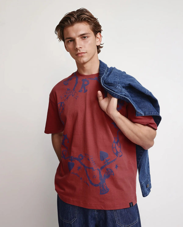 Rare Rabbit Men Xab Pastel Pastel Red Cotton Fabric Short Sleeve Crew Neck Slip-On Oversized Fit Graphic Print T-Shirt