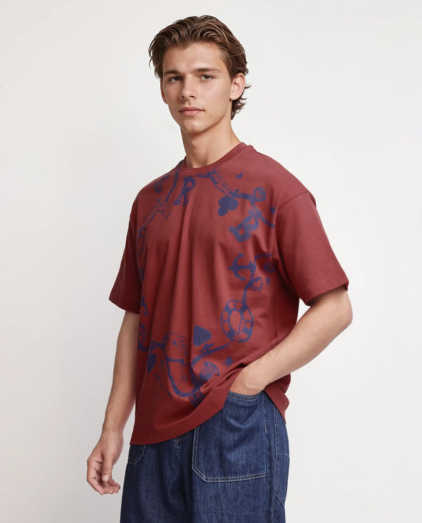 Rare Rabbit Men Xab Pastel Pastel Red Cotton Fabric Short Sleeve Crew Neck Slip-On Oversized Fit Graphic Print T-Shirt