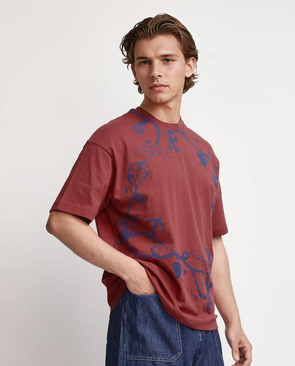 Rare Rabbit Men Xab Pastel Pastel Red Cotton Fabric Short Sleeve Crew Neck Slip-On Oversized Fit Graphic Print T-Shirt