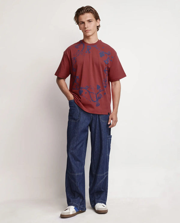 Rare Rabbit Men Xab Pastel Pastel Red Cotton Fabric Short Sleeve Crew Neck Slip-On Oversized Fit Graphic Print T-Shirt