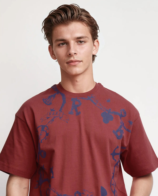 Rare Rabbit Men Xab Pastel Pastel Red Cotton Fabric Short Sleeve Crew Neck Slip-On Oversized Fit Graphic Print T-Shirt